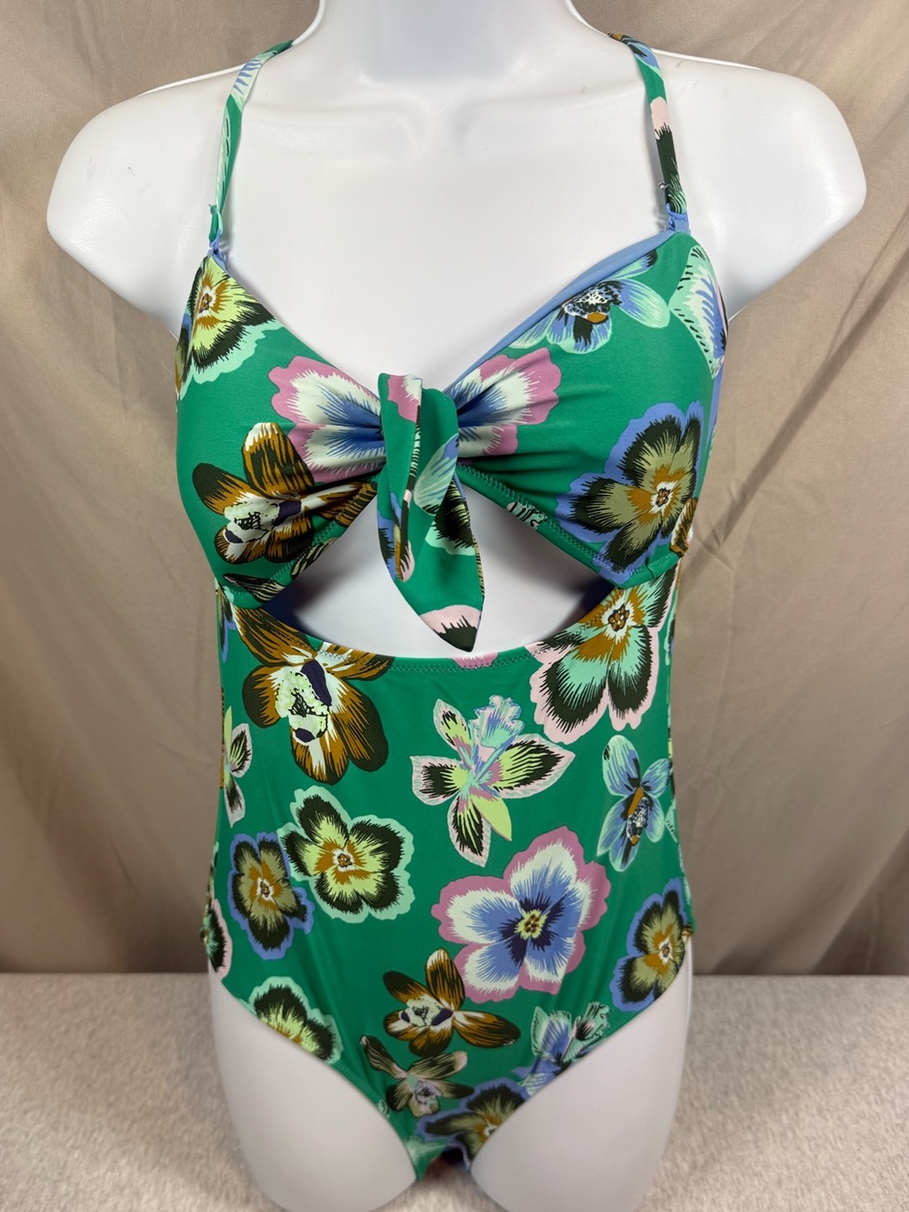Aerie Real Good Tropical Floral Knot Front Cutout Swimsuit Green - Size Medium